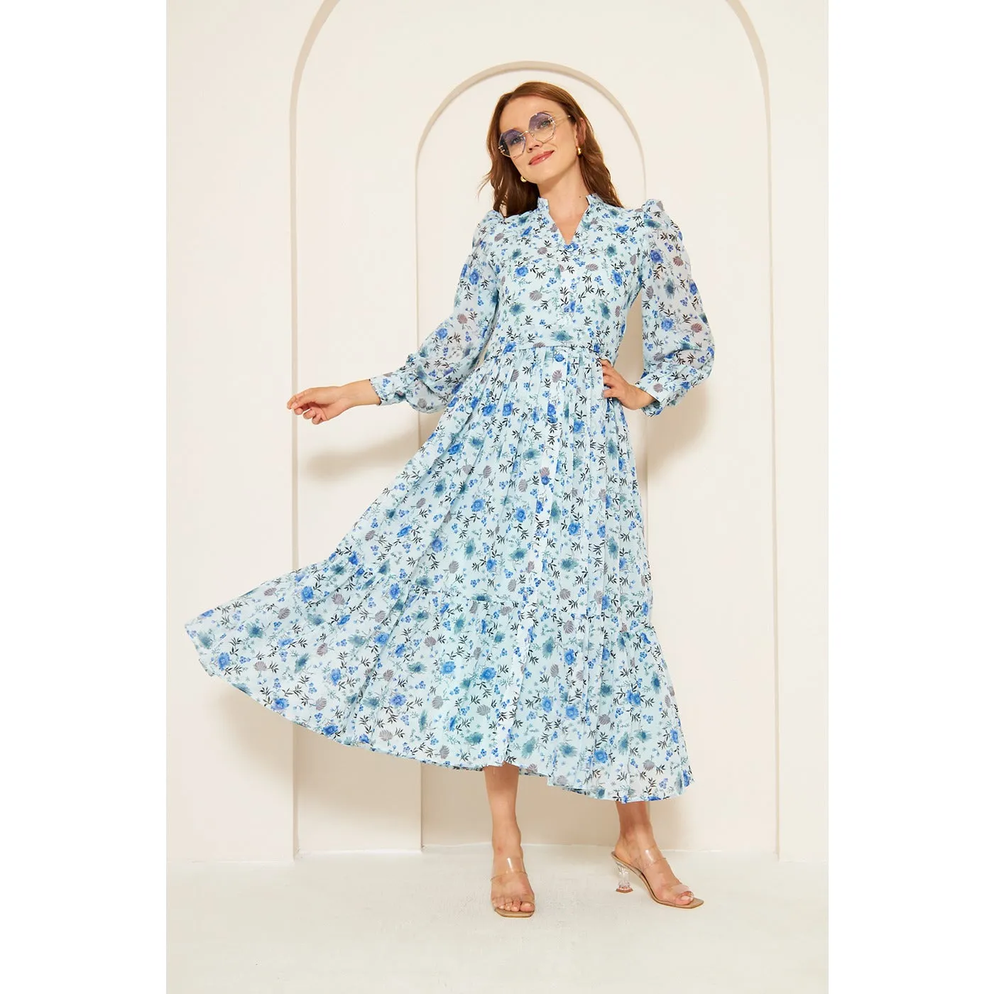 Blue Chiffon Floral Shirt Dress