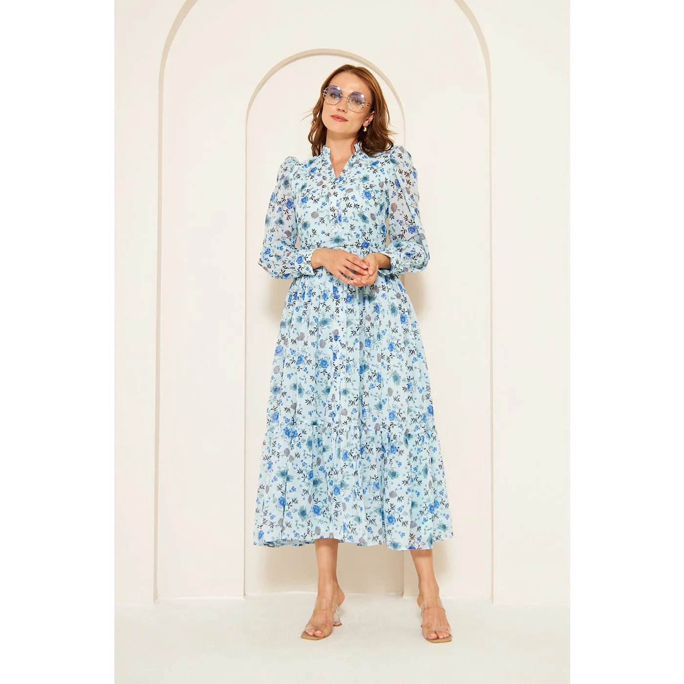 Blue Chiffon Floral Shirt Dress