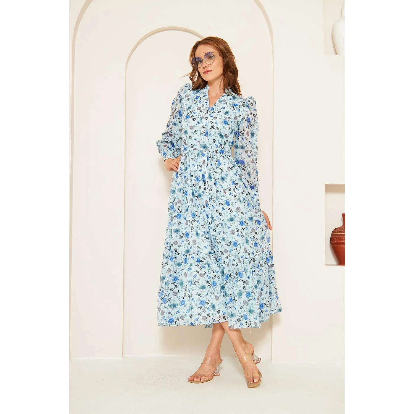 Blue Chiffon Floral Shirt Dress