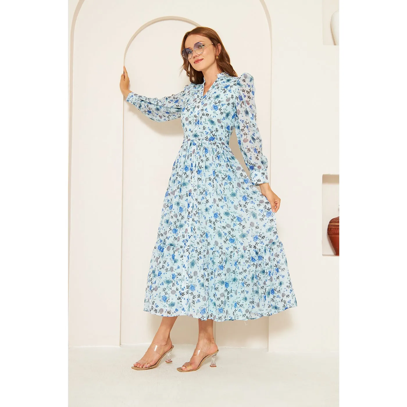 Blue Chiffon Floral Shirt Dress