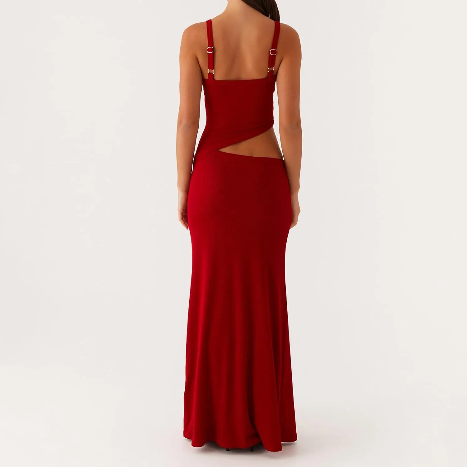 Bodycon Maxi Dress Women Sexy Sleeveless Cutout Low V Neck Spaghetti Strap Backless Solid Hollow Out Long Dresses