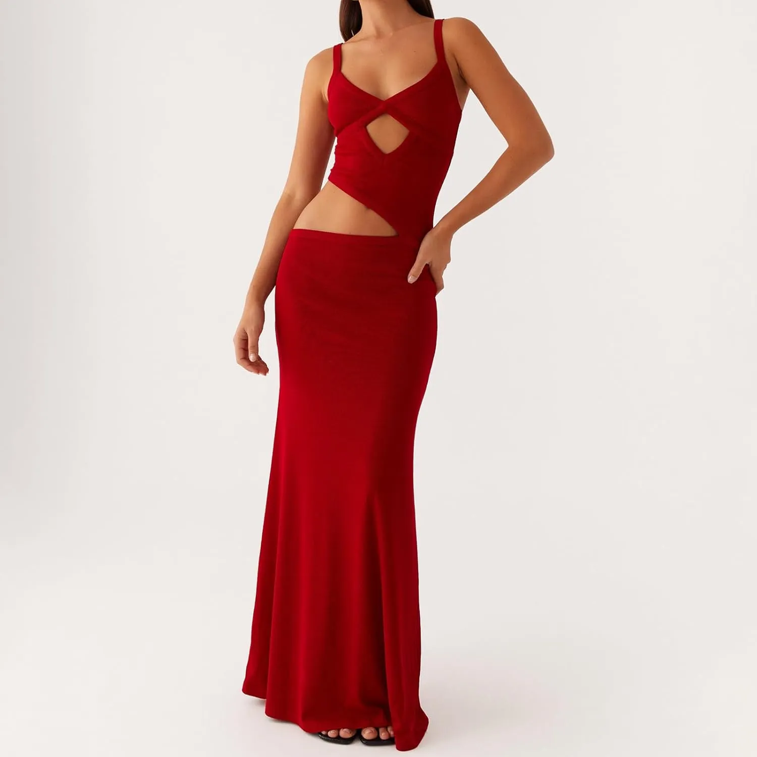 Bodycon Maxi Dress Women Sexy Sleeveless Cutout Low V Neck Spaghetti Strap Backless Solid Hollow Out Long Dresses