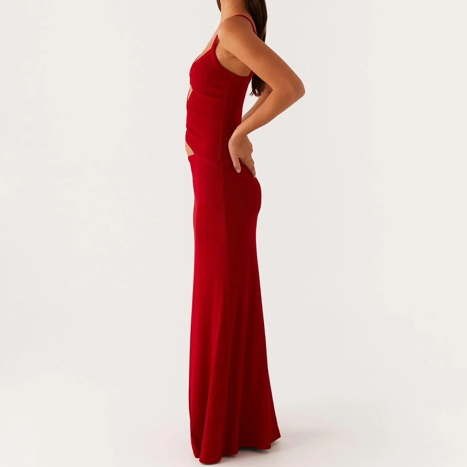 Bodycon Maxi Dress Women Sexy Sleeveless Cutout Low V Neck Spaghetti Strap Backless Solid Hollow Out Long Dresses