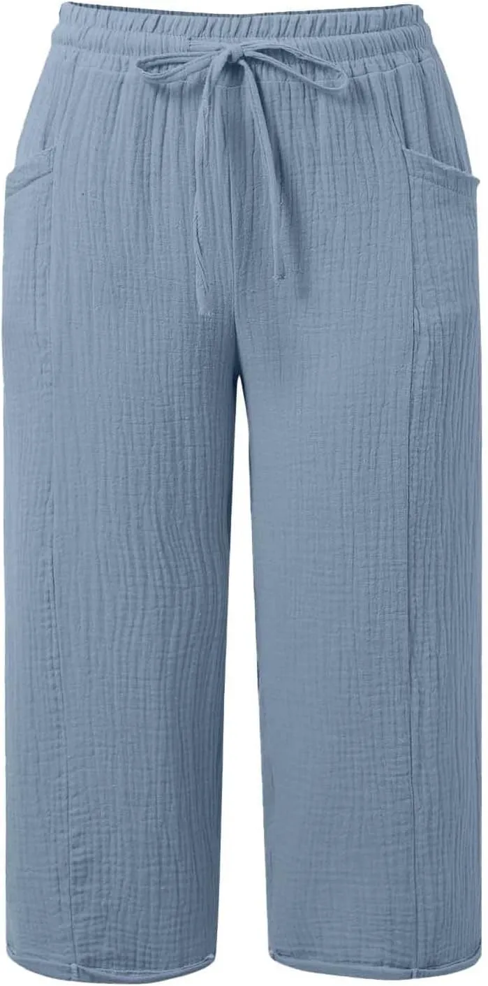 Capri Pants for Women High Waisted Drawstring Wide Leg Linen Beach Cropped Pant Summer Casual Baggy Lightweight Capris