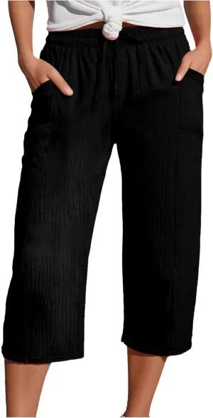 Capri Pants for Women High Waisted Drawstring Wide Leg Linen Beach Cropped Pant Summer Casual Baggy Lightweight Capris