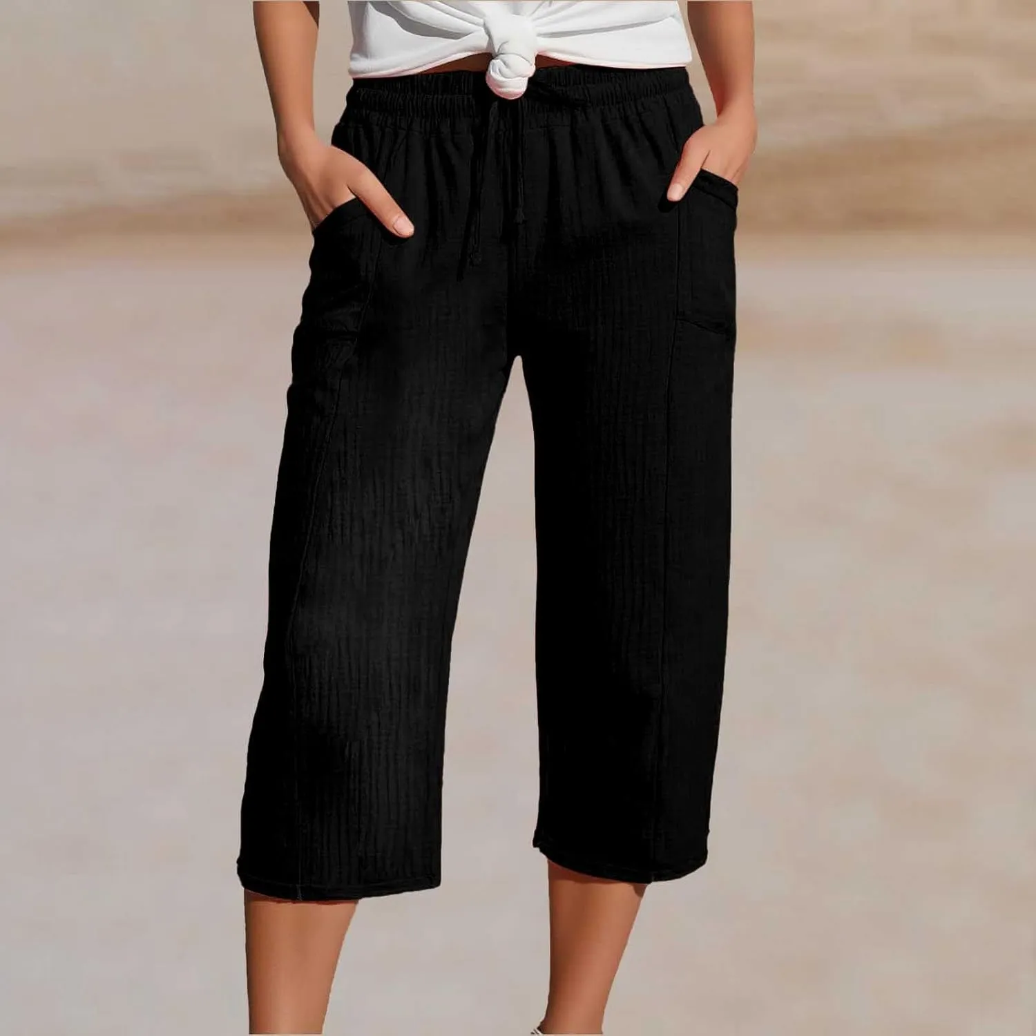 Capri Pants for Women High Waisted Drawstring Wide Leg Linen Beach Cropped Pant Summer Casual Baggy Lightweight Capris