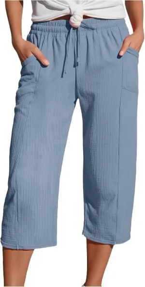 Capri Pants for Women High Waisted Drawstring Wide Leg Linen Beach Cropped Pant Summer Casual Baggy Lightweight Capris