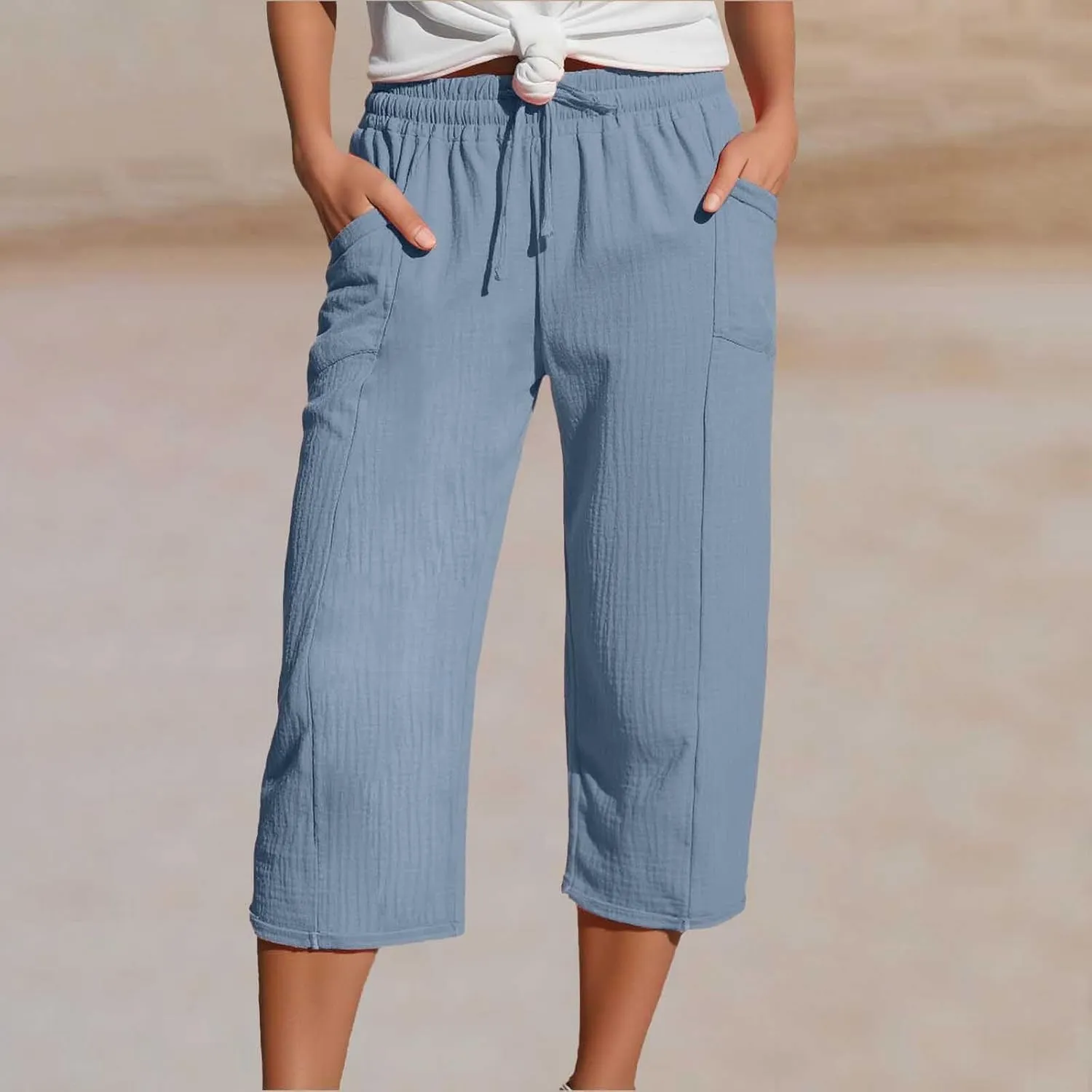 Capri Pants for Women High Waisted Drawstring Wide Leg Linen Beach Cropped Pant Summer Casual Baggy Lightweight Capris