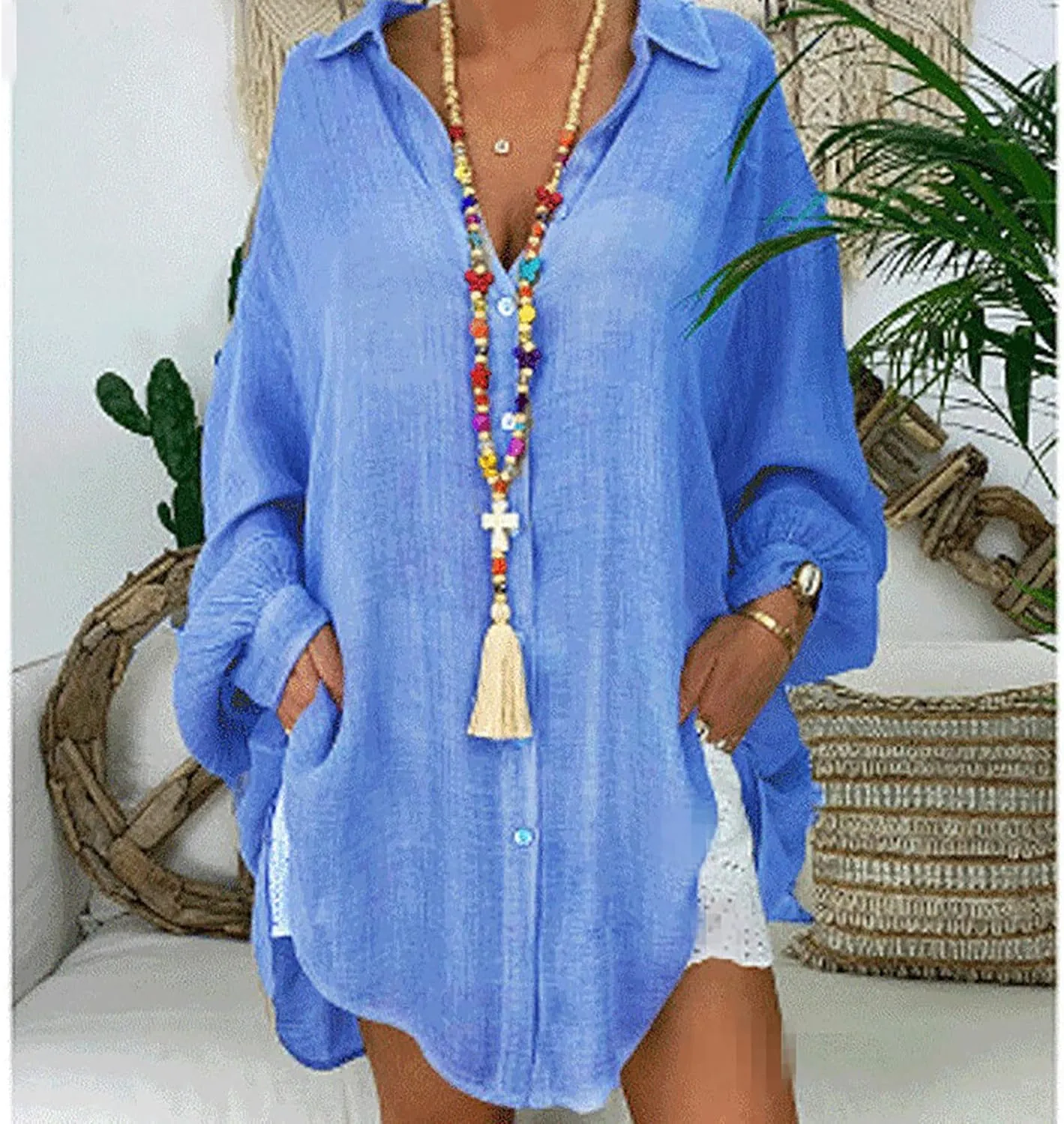 Ceboyel Women Oversized Cotton Linen Shirts Long Sleeve Button Down Blouses Casual Loose Gauze Top Work Summer Beach Outfits