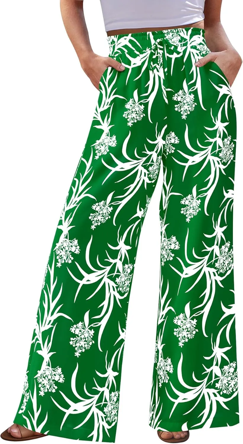 CFLONGE Wide Leg Pants for Women 2025 Casual High Waist Floral Palazzo Pant Flowy Trendy Beach Boho Trousers with Pockets