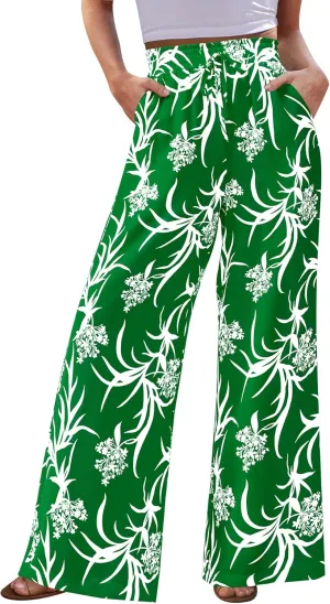 CFLONGE Wide Leg Pants for Women 2025 Casual High Waist Floral Palazzo Pant Flowy Trendy Beach Boho Trousers with Pockets