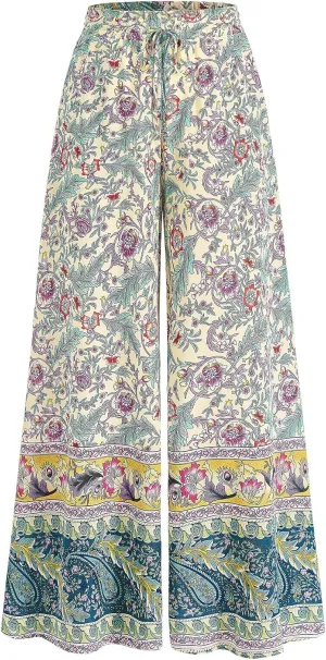 CFLONGE Women Wide Leg Pants Casual High Waist Floral Palazzo Pants for Women Flowy Trendy Lounge Boho Beach Trousers Pockets