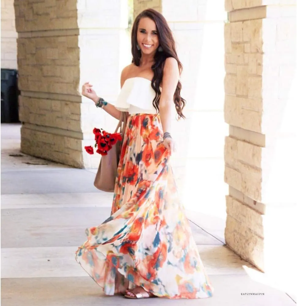 CHICWISH Women's Floral Watercolor Flower Maxi Floral Chiffon Slip Skirt