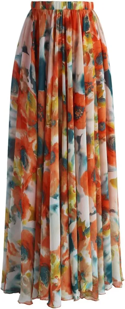 CHICWISH Women's Floral Watercolor Flower Maxi Floral Chiffon Slip Skirt