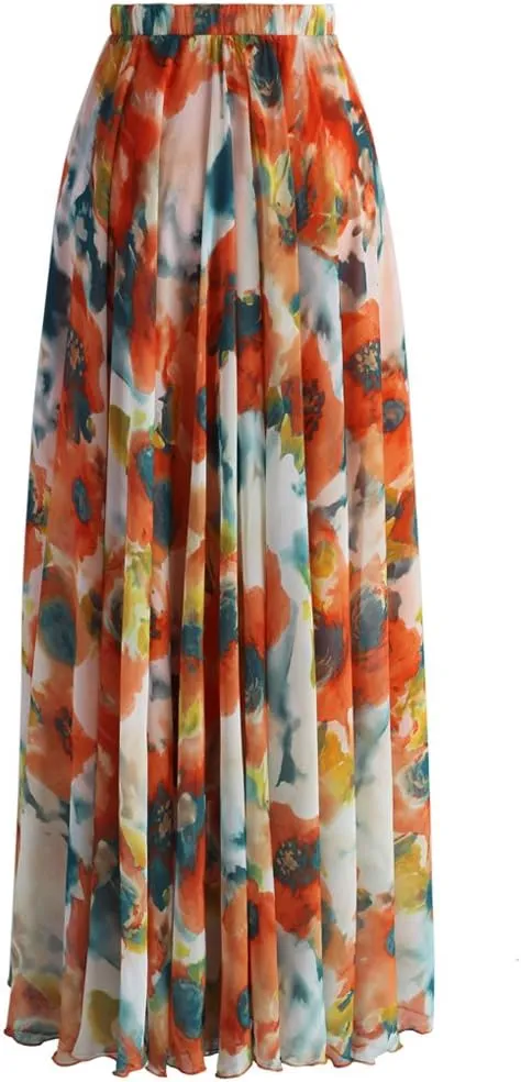 CHICWISH Women's Floral Watercolor Flower Maxi Floral Chiffon Slip Skirt