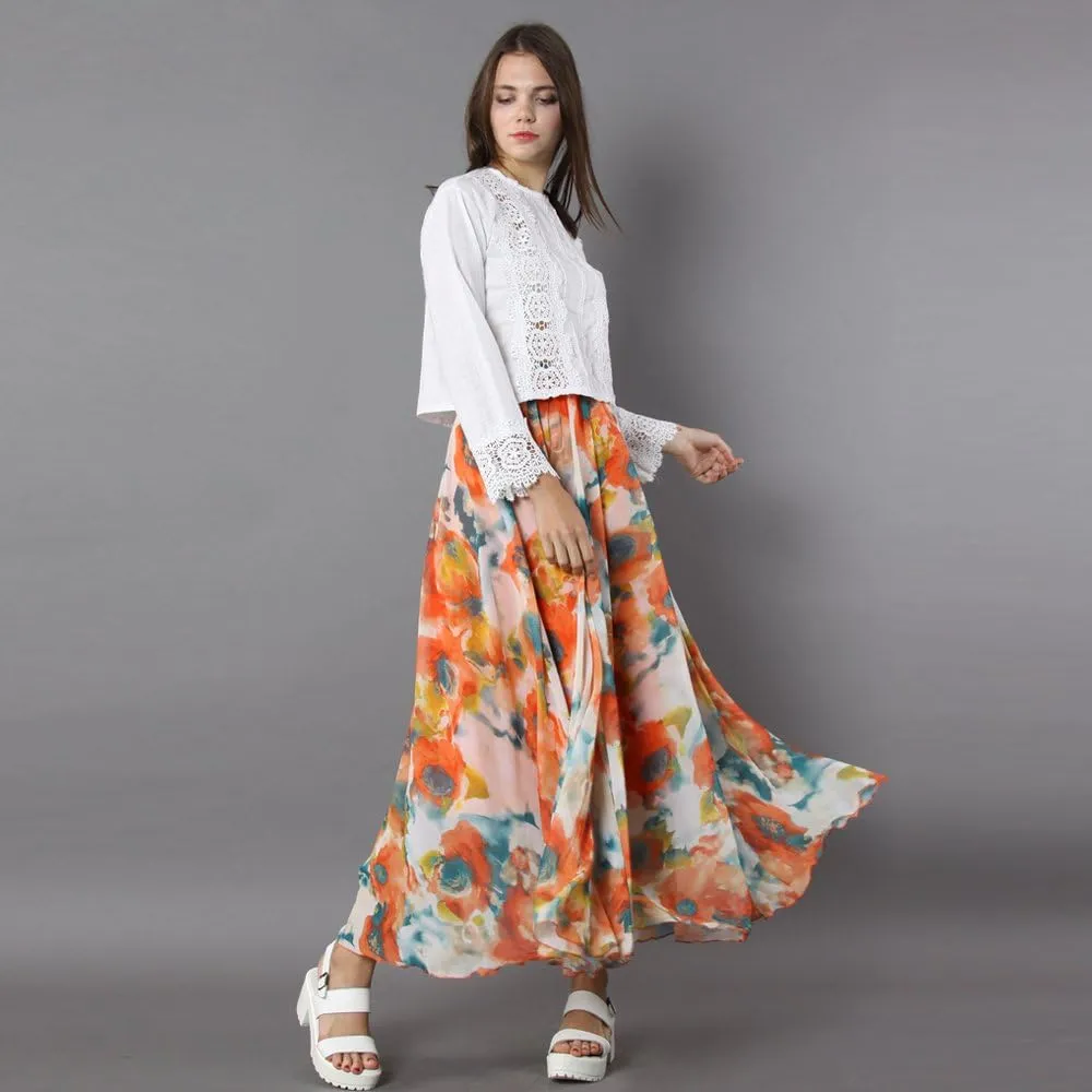CHICWISH Women's Floral Watercolor Flower Maxi Floral Chiffon Slip Skirt