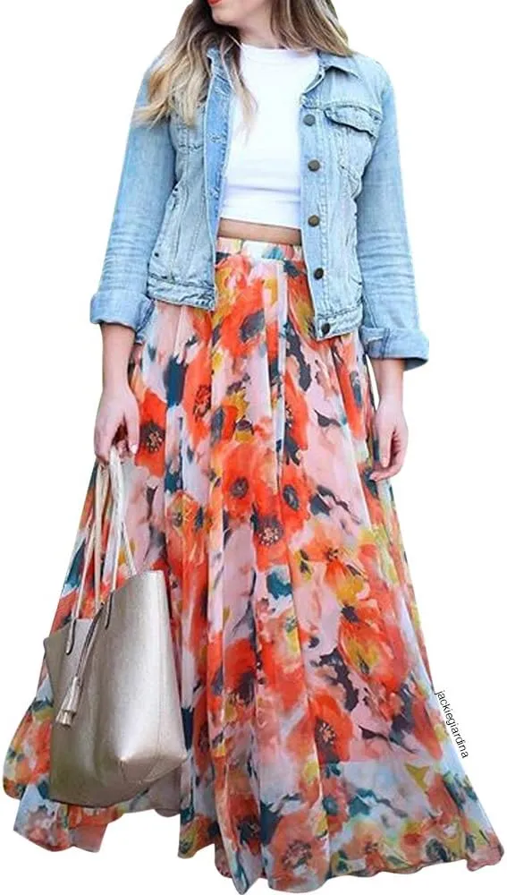 CHICWISH Women's Floral Watercolor Flower Maxi Floral Chiffon Slip Skirt