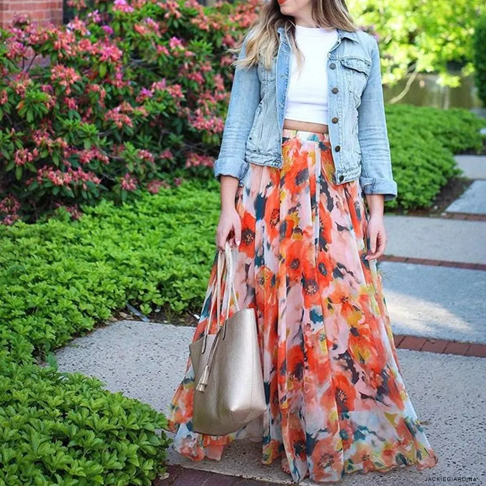 CHICWISH Women's Floral Watercolor Flower Maxi Floral Chiffon Slip Skirt