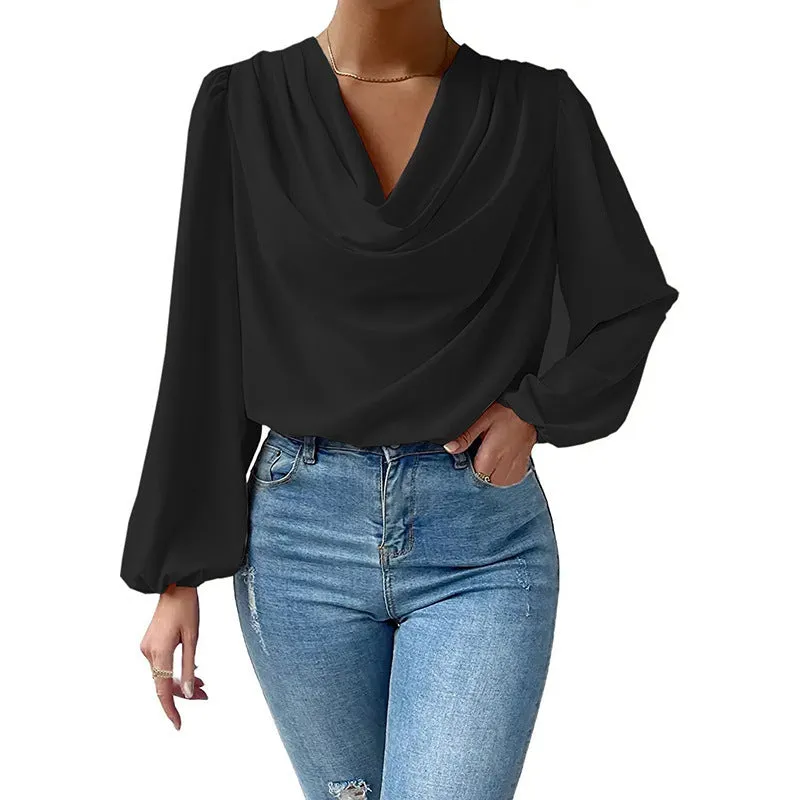 Chiffon Long-Sleeved Shirt Loose V-Neck Top T-Shirt Women's Clothing