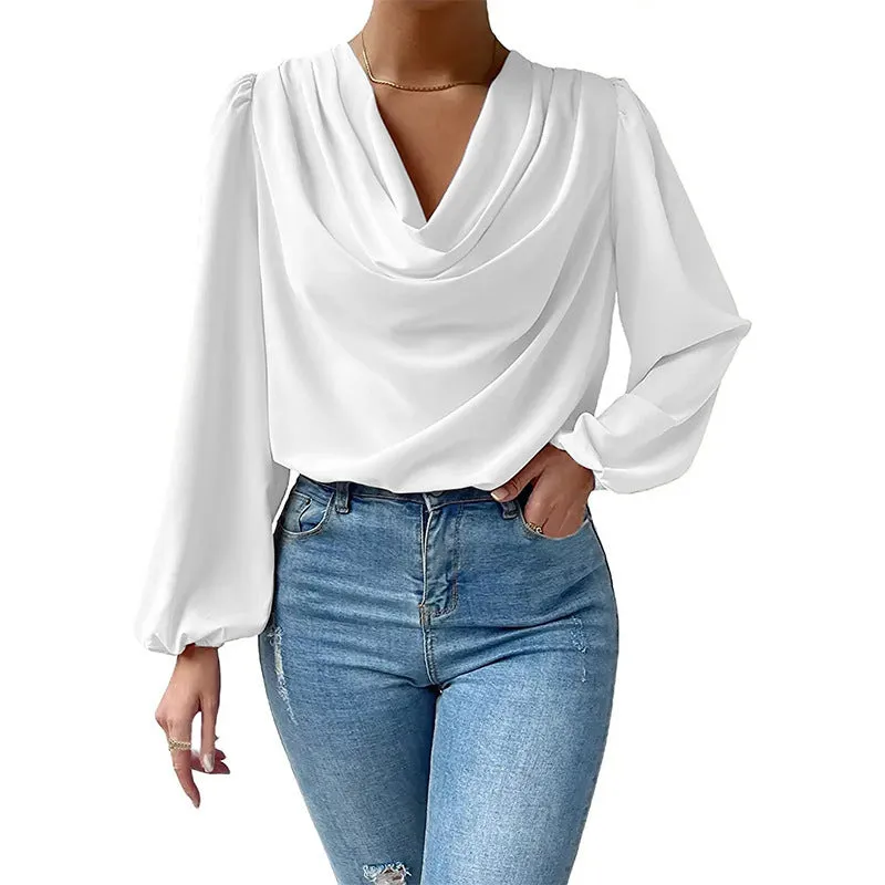 Chiffon Long-Sleeved Shirt Loose V-Neck Top T-Shirt Women's Clothing
