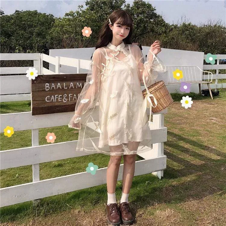 Chinoiserie Feather Embroideried Gauze Dress