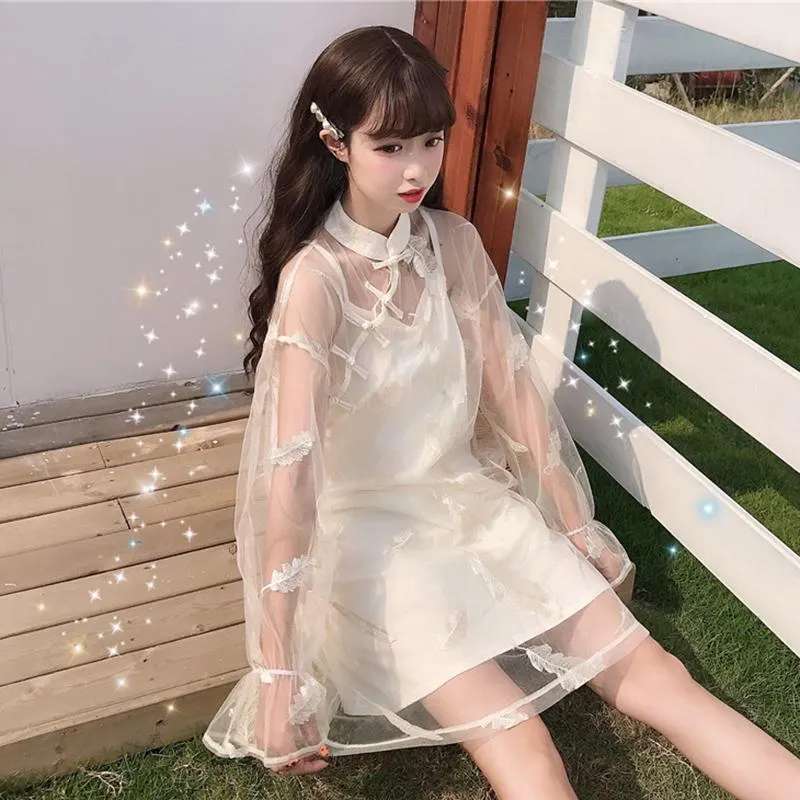Chinoiserie Feather Embroideried Gauze Dress