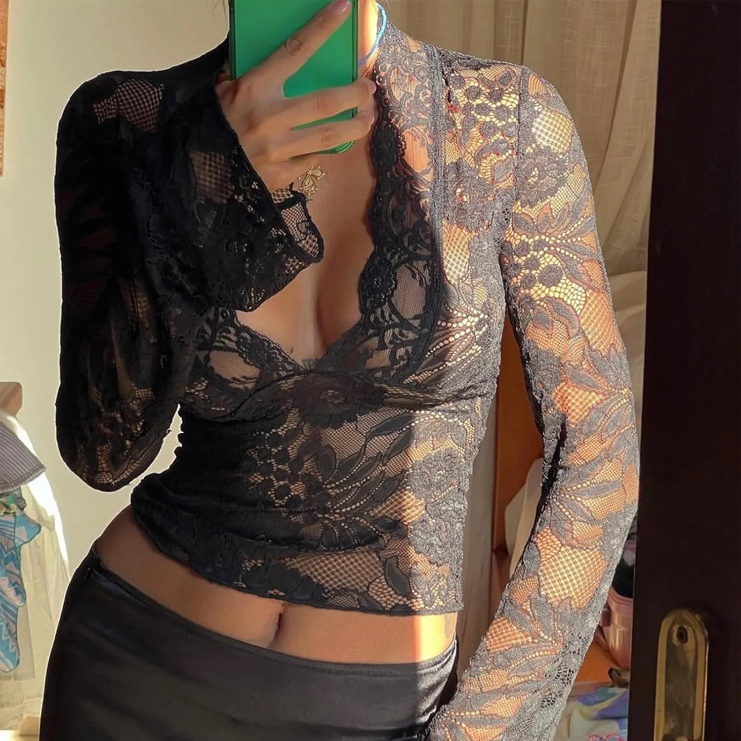 Chloefairy Sexy Women's Lace Blouse Flared Sleeve Deep V-Neck Lace Floral See Through Slim Fit Mesh Sheer Crop Tops Clubwear