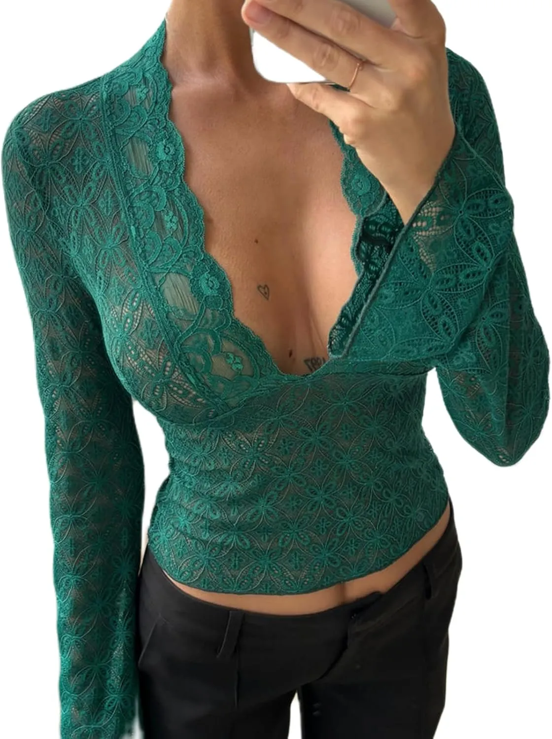 Chloefairy Sexy Women's Lace Blouse Flared Sleeve Deep V-Neck Lace Floral See Through Slim Fit Mesh Sheer Crop Tops Clubwear