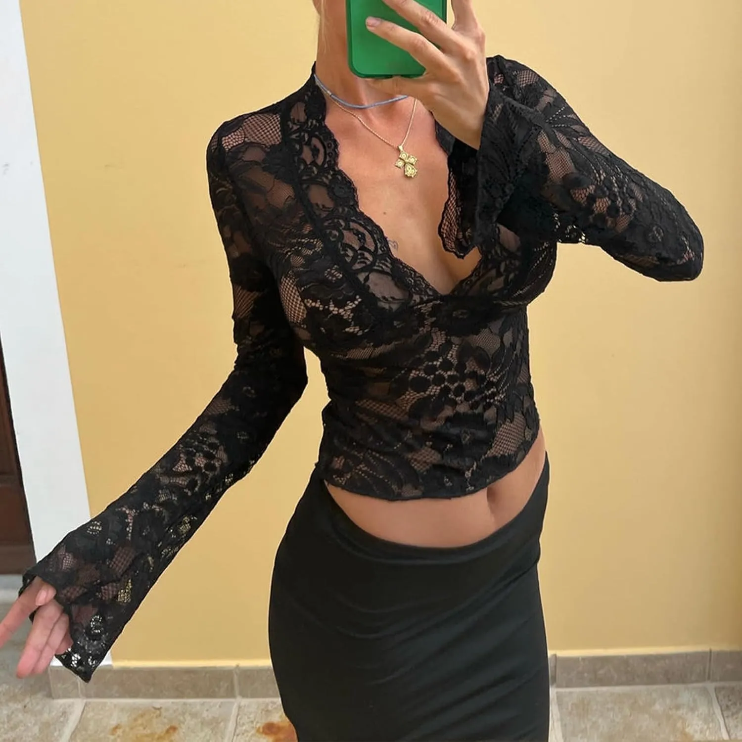 Chloefairy Sexy Women's Lace Blouse Flared Sleeve Deep V-Neck Lace Floral See Through Slim Fit Mesh Sheer Crop Tops Clubwear
