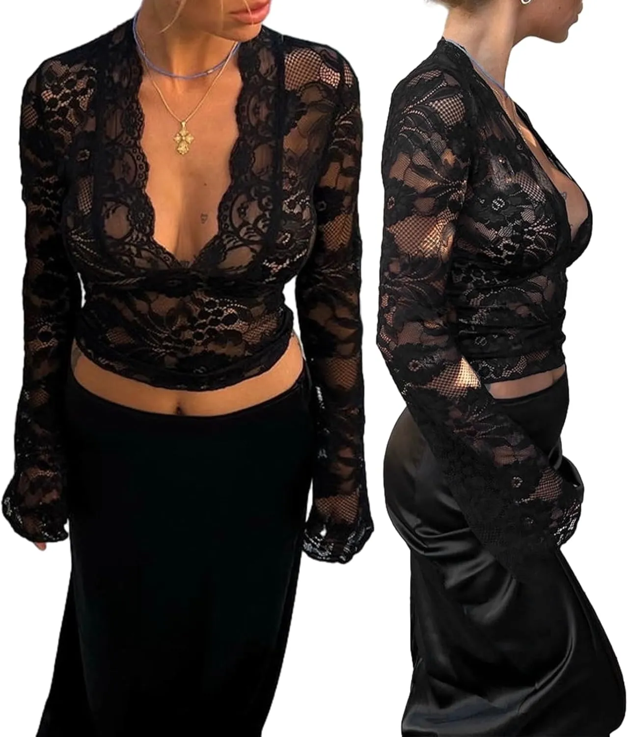 Chloefairy Sexy Women's Lace Blouse Flared Sleeve Deep V-Neck Lace Floral See Through Slim Fit Mesh Sheer Crop Tops Clubwear