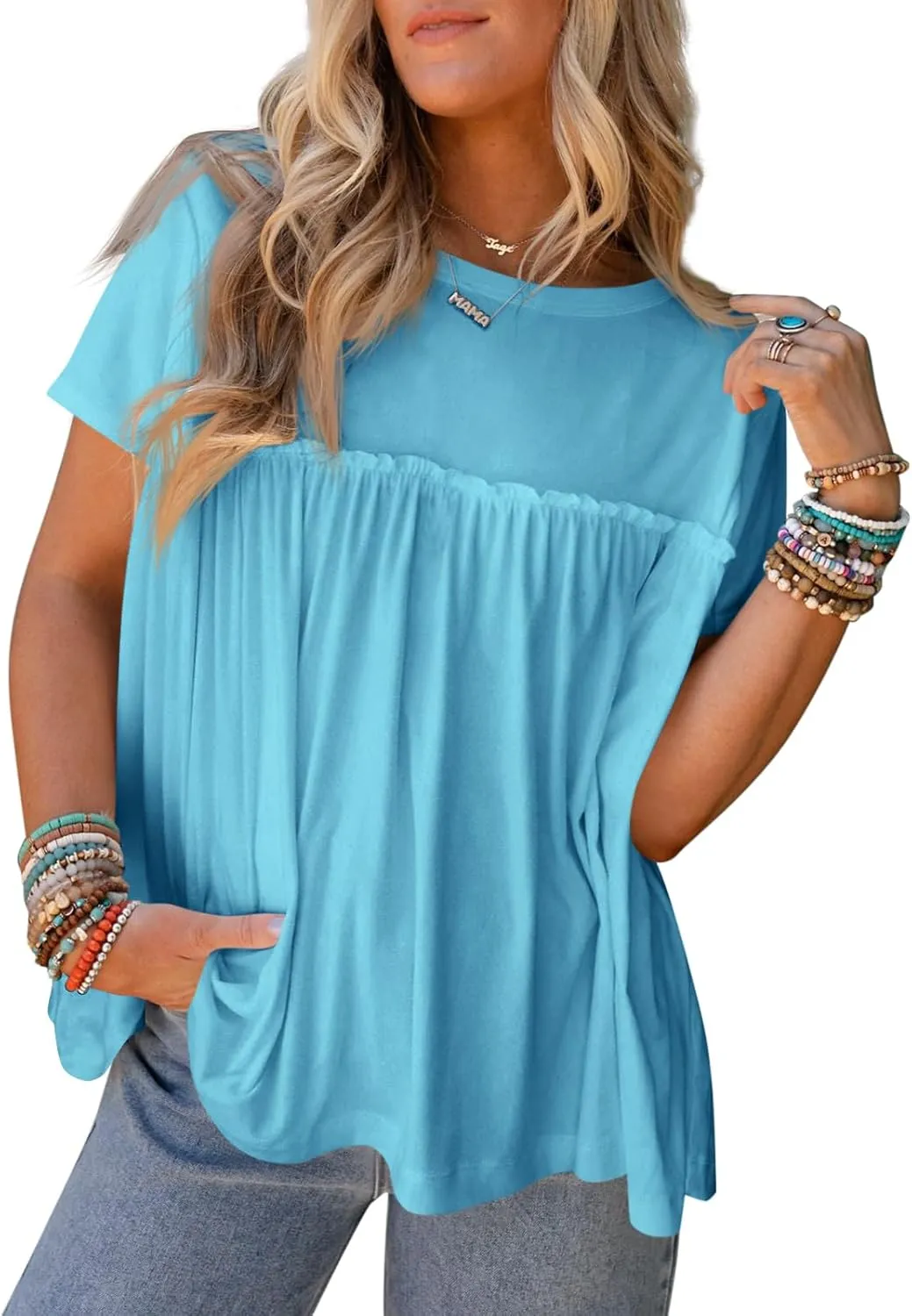 Cicy Bell Women Summer Babydoll Tops Pleated Short Sleeve Crew Neck Peplum Blouse Casual Loose Fit T Shirts