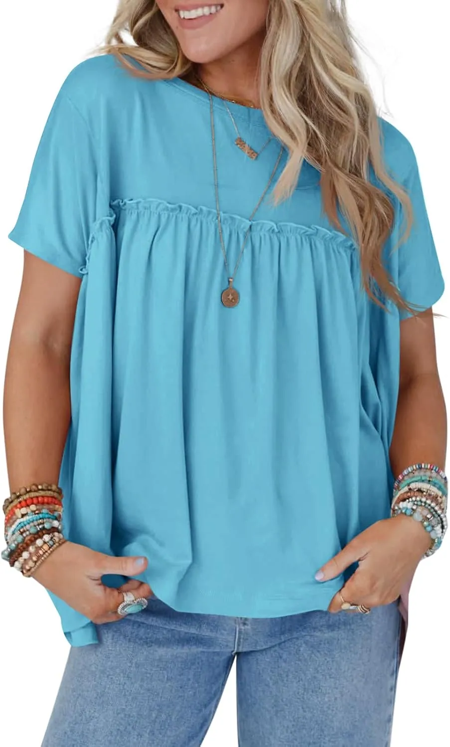 Cicy Bell Women Summer Babydoll Tops Pleated Short Sleeve Crew Neck Peplum Blouse Casual Loose Fit T Shirts