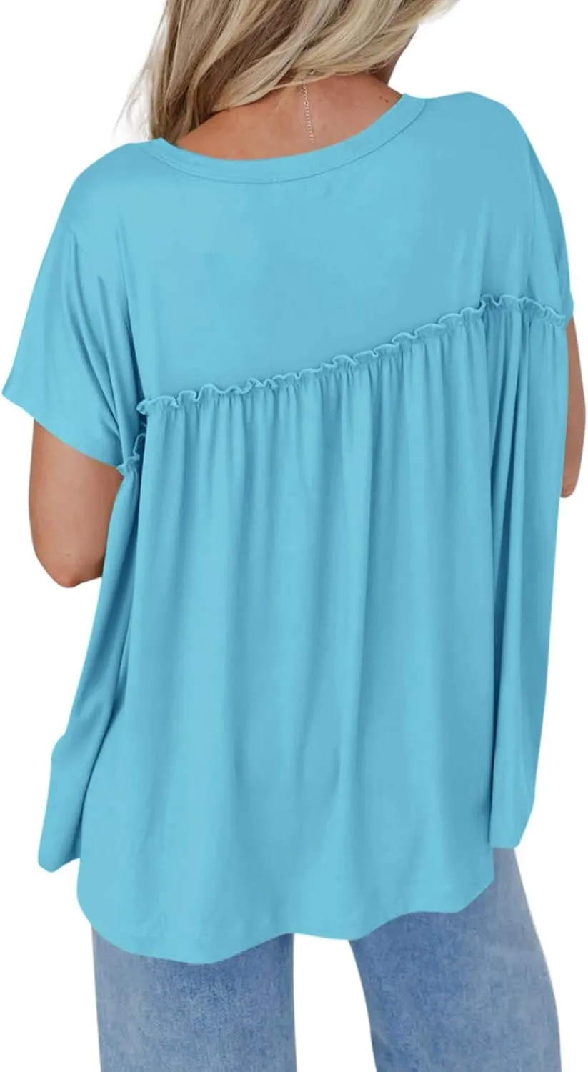 Cicy Bell Women Summer Babydoll Tops Pleated Short Sleeve Crew Neck Peplum Blouse Casual Loose Fit T Shirts