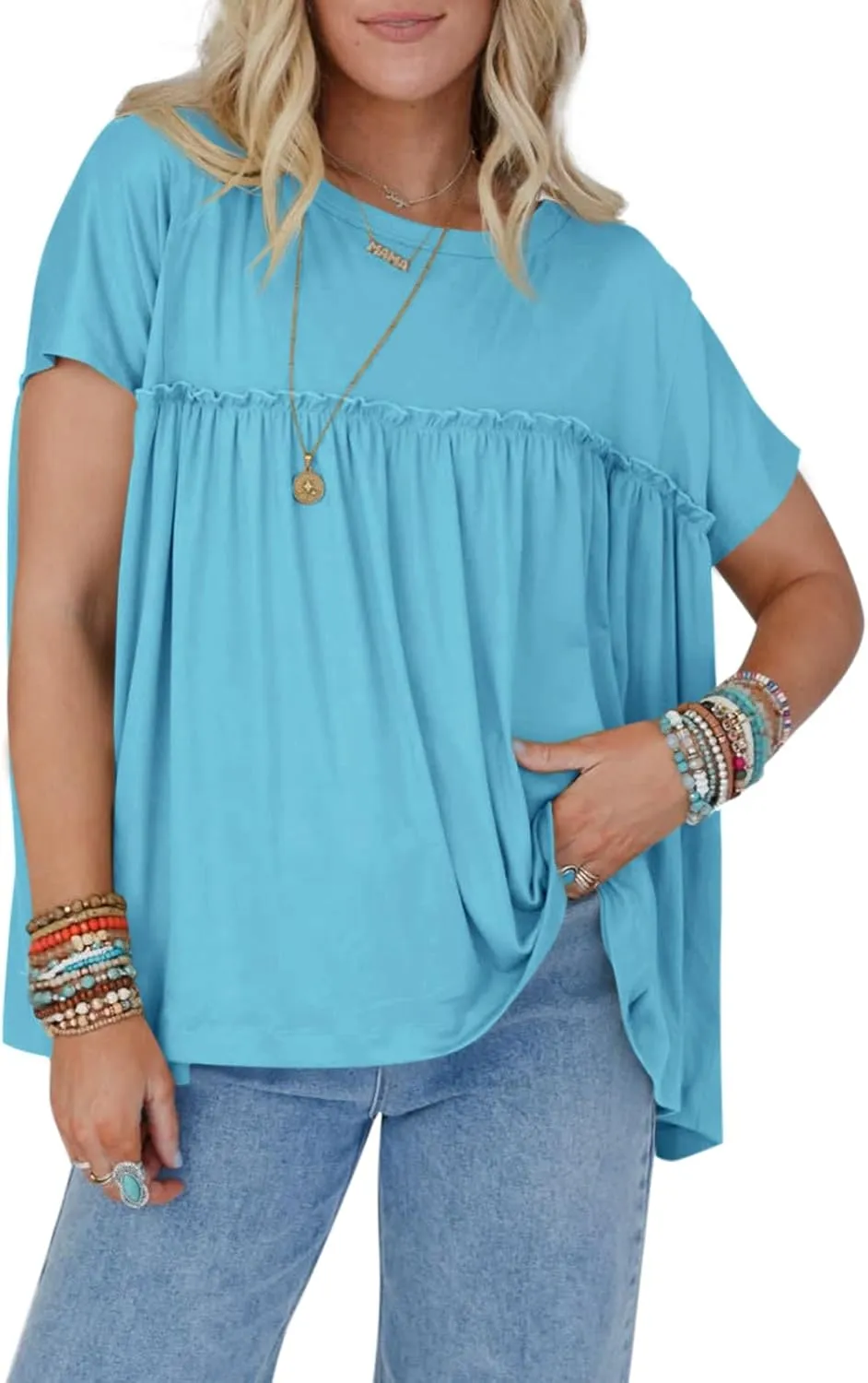 Cicy Bell Women Summer Babydoll Tops Pleated Short Sleeve Crew Neck Peplum Blouse Casual Loose Fit T Shirts