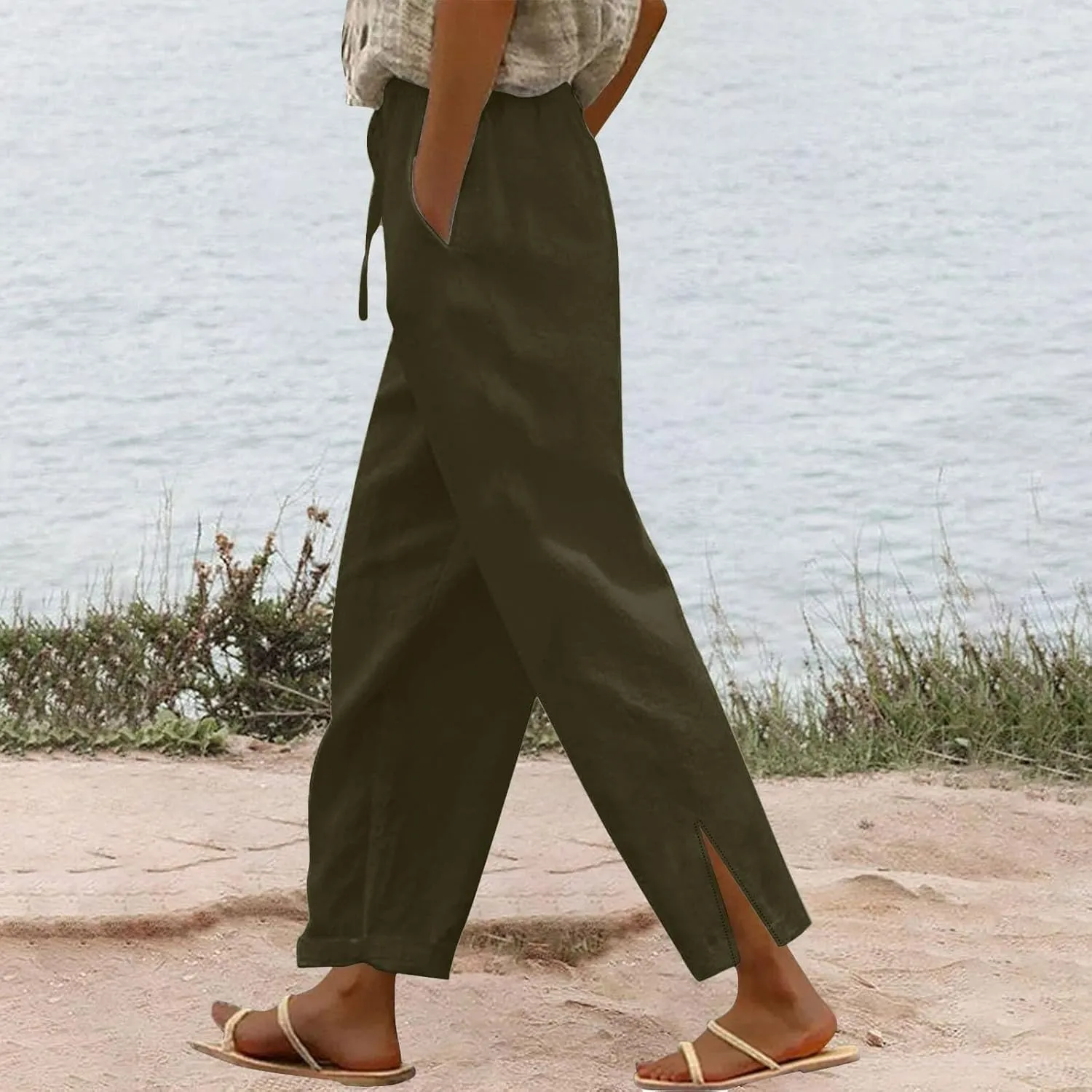 Cotton Linen Pants for Women 2025 Summer Gauze Drawstring High Waisted Wide Leg Trousers Beach Vacation Clothes