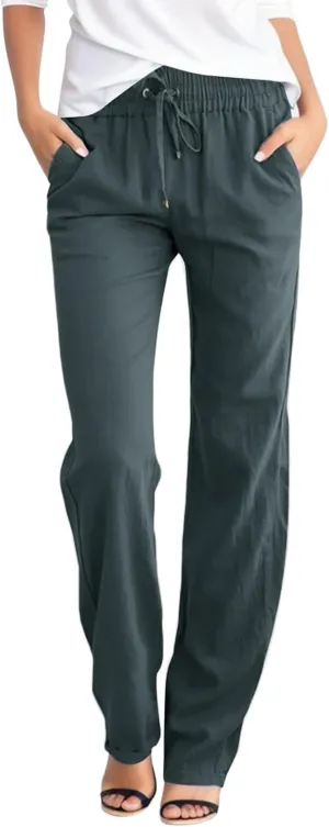 Cotton Linen Pants for Women High Waisted Drawstring Straight Leg Casual Pant Tapered Lounge Trousers with Pockets