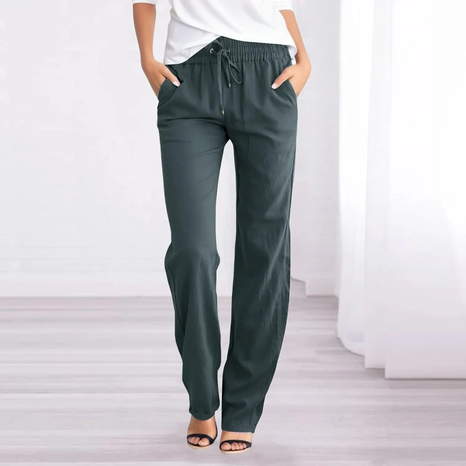 Cotton Linen Pants for Women High Waisted Drawstring Straight Leg Casual Pant Tapered Lounge Trousers with Pockets
