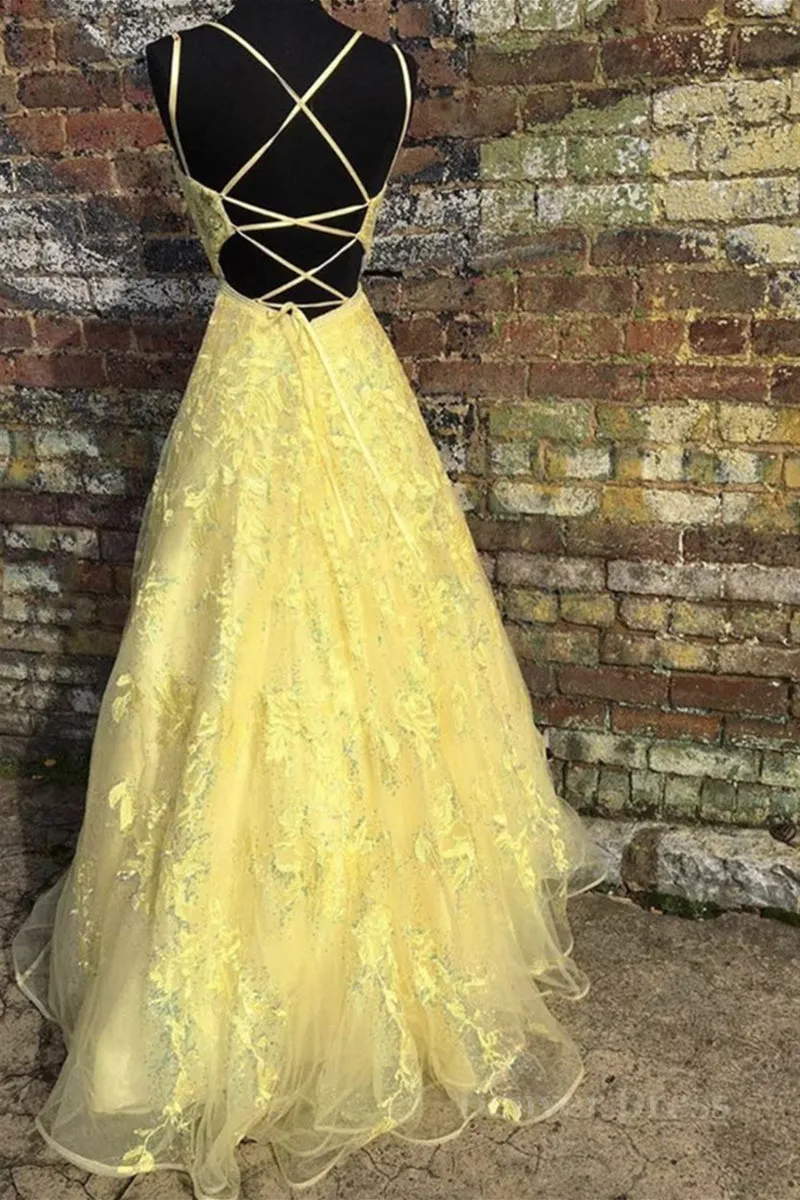 Custom Made Backless Yellow Lace Floral Long Prom Dress Yellow Lace Formal Graduation Evening Dress