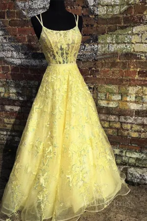 Custom Made Backless Yellow Lace Floral Long Prom Dress Yellow Lace Formal Graduation Evening Dress