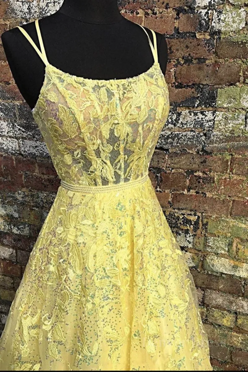 Custom Made Backless Yellow Lace Floral Long Prom Dress Yellow Lace Formal Graduation Evening Dress