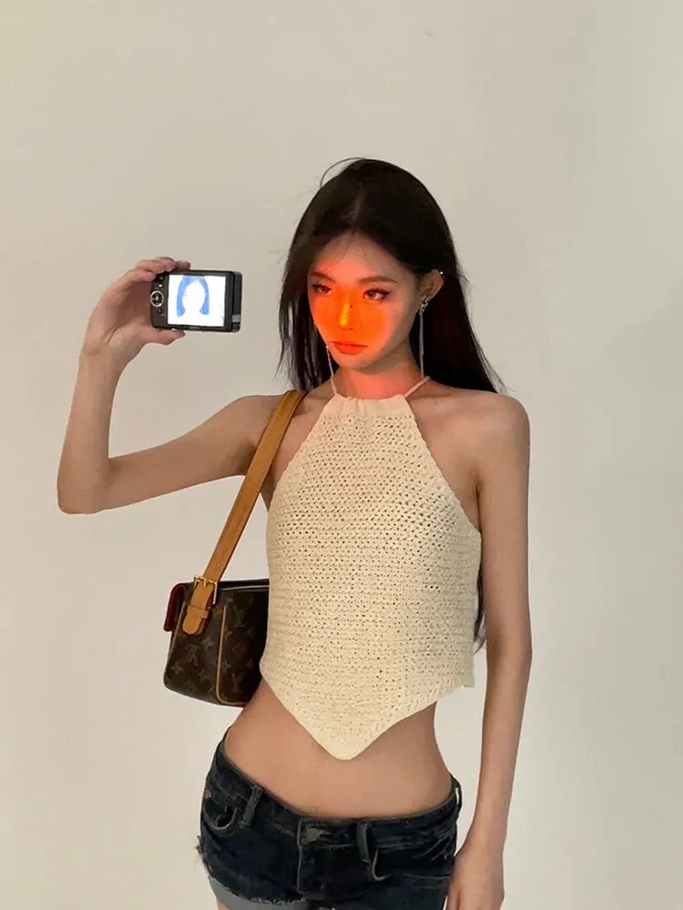 Dalia Solid Color Knitted Halter Sleeveless Top