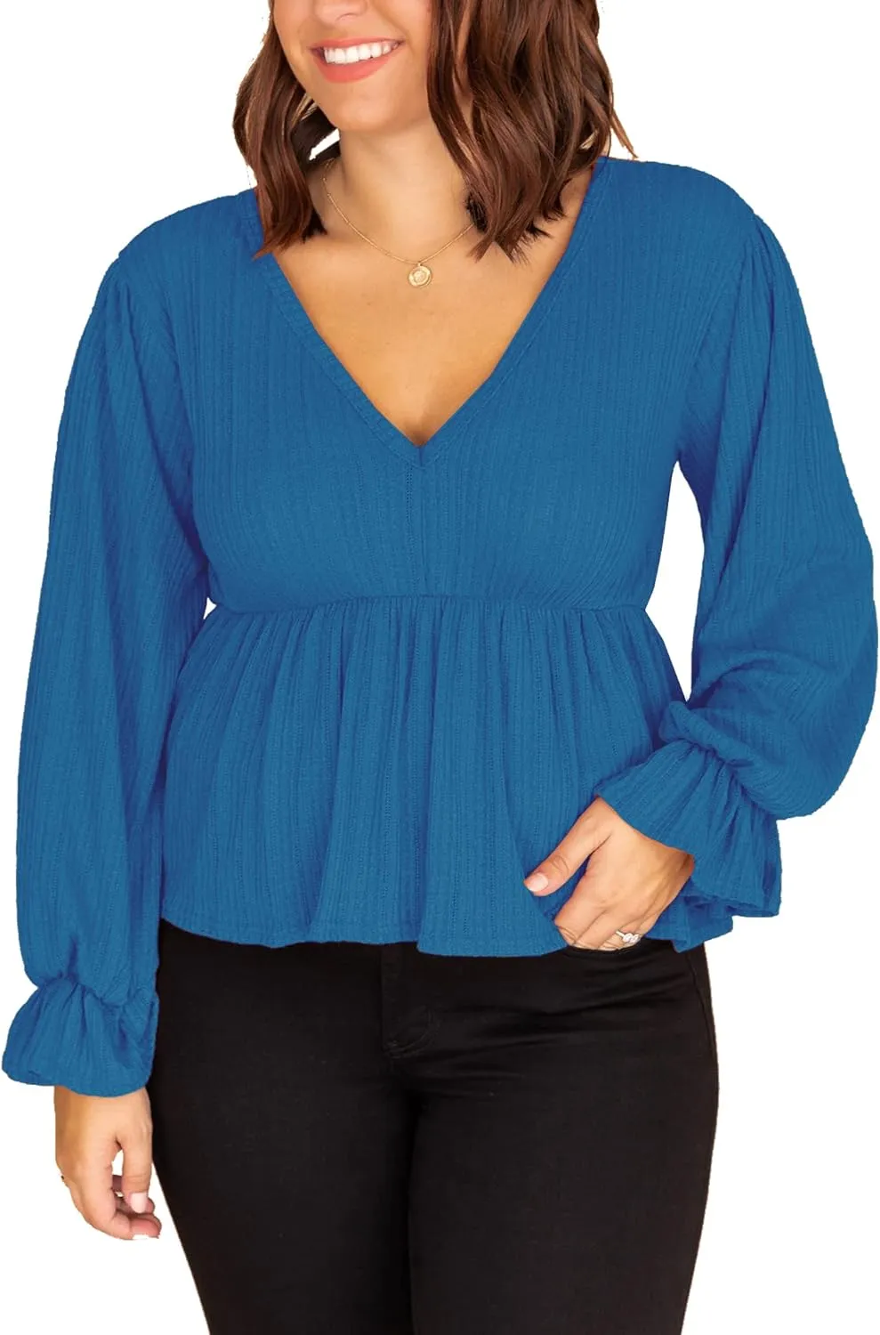 Deerose Women's Puff Sleeve Ruffle Hem Peplum Top