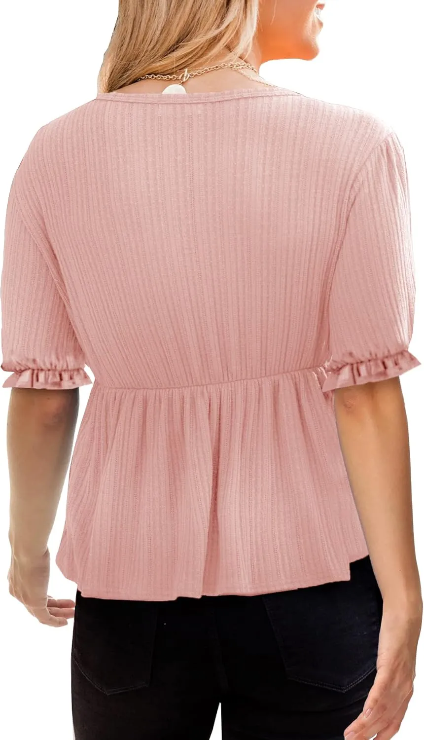 Deerose Women's Puff Sleeve Ruffle Hem Peplum Top