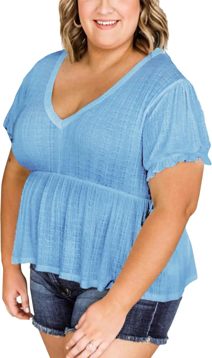 Deerose Women's Puff Sleeve Ruffle Hem Peplum Top