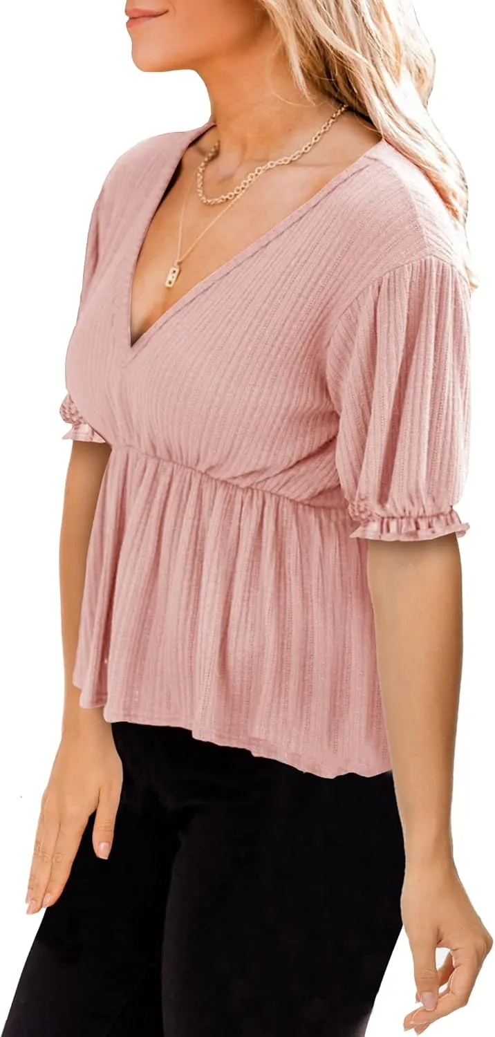 Deerose Women's Puff Sleeve Ruffle Hem Peplum Top