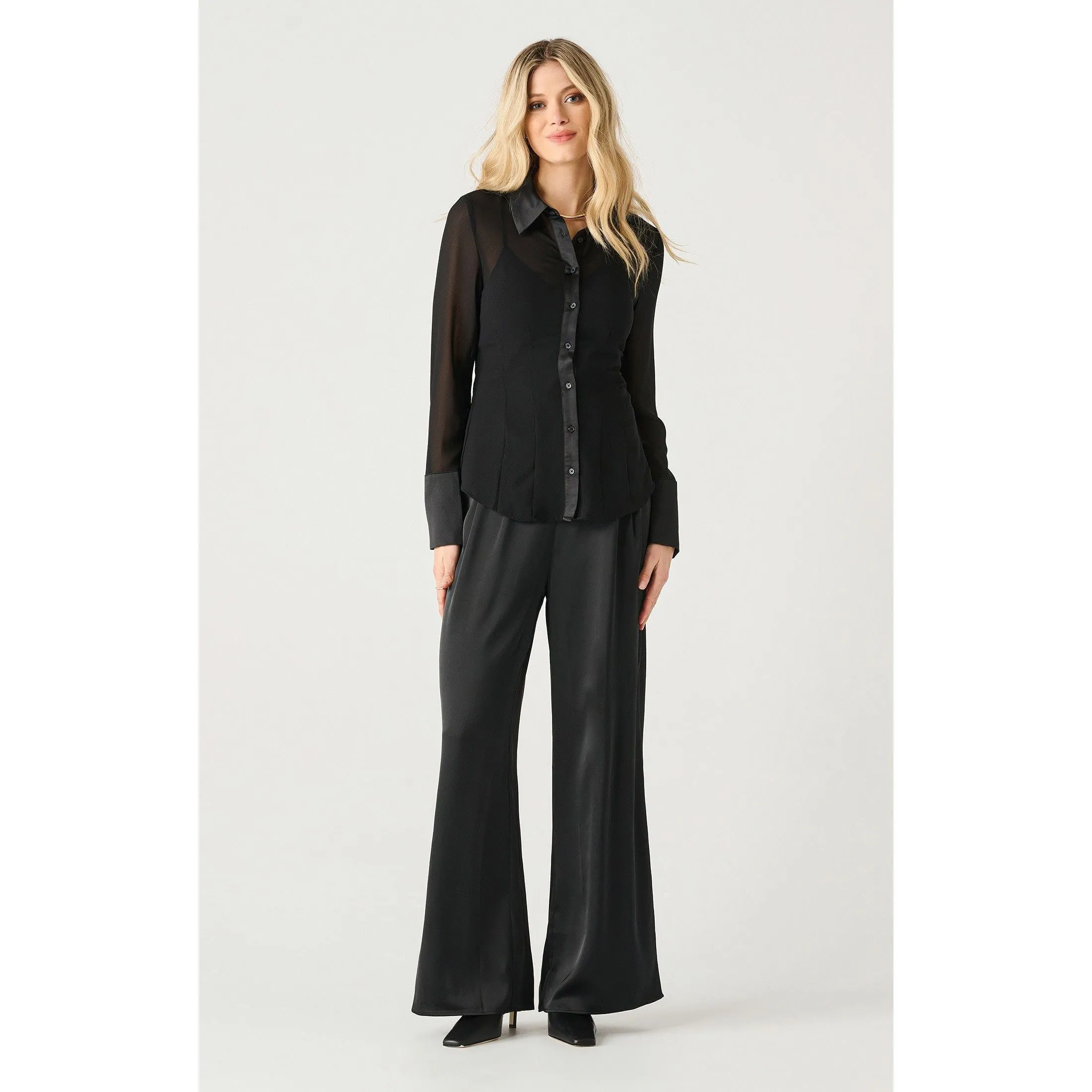 Dex Black Tape Sheer Cinched Blouse
