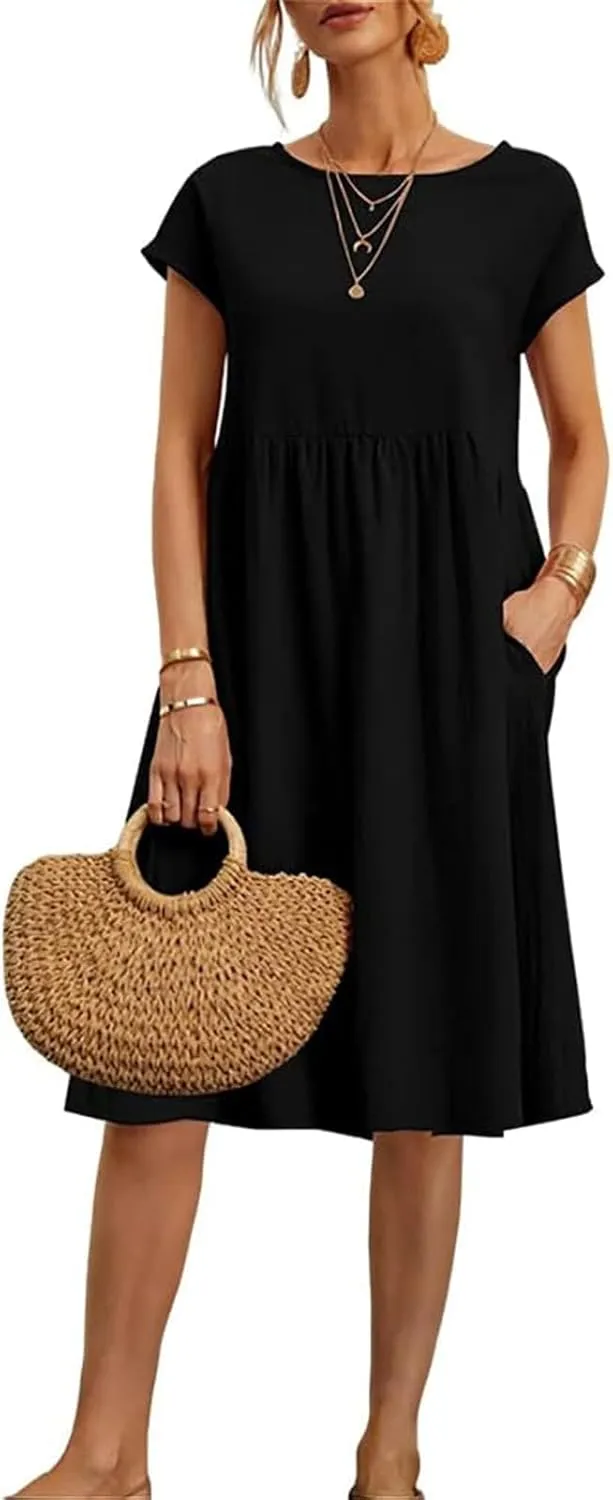 Dresses for Women 2024 Summer Cotton Linen Solid Gauze Dress Loose Casual Beach Vacation Flowy Midi Dress with Pockets