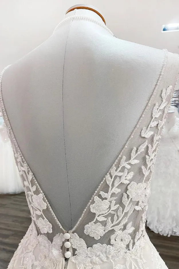 Elegant Long A-line V Neck Tulle Lace Open Back Wedding Dress