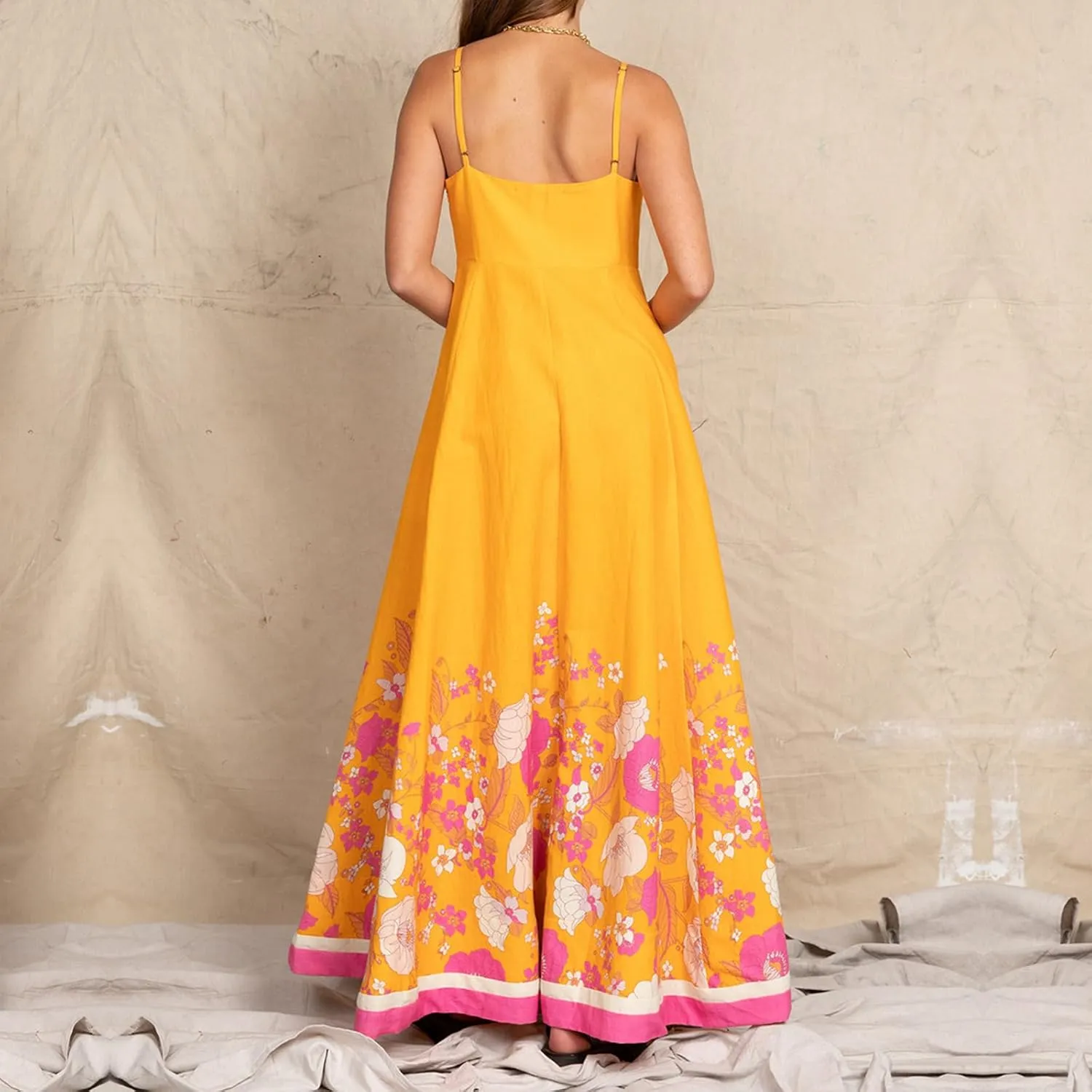 FEORJGP Womens Summer Spaghetti Strap Long Dress Boho Low Cut Dress Backless Flowy Midi Dress Bohemian Maxi Dresses Beachwear
