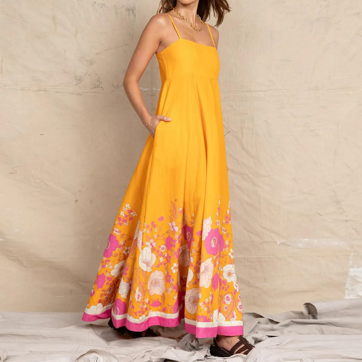 FEORJGP Womens Summer Spaghetti Strap Long Dress Boho Low Cut Dress Backless Flowy Midi Dress Bohemian Maxi Dresses Beachwear